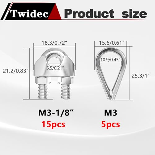 Twidec N-075-20PCS 304 Stainless Steel 1/8 Inch Wire Rope Cable Clip Clamp And Stainless Steel Thimbles thumb #1