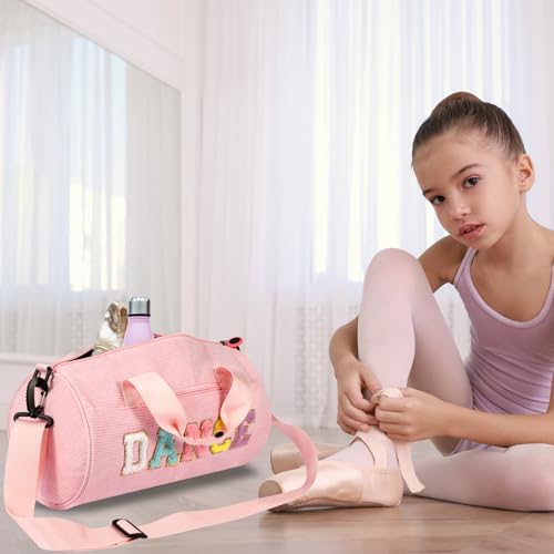 Image of Dance Ballet Bag for Girls Sport Gym Duffle Bags Overnight Travel Bags Fun Dance Corduroy Chenille Letter Bag for Dancers (Pink)