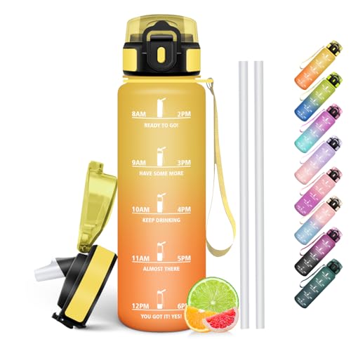 HoneyHolly Trinkflasche 1L, BPA-Frei, Trinkflasche Kohlensäure Geeignet, Wasserflasche Auslaufsicher, Sportflasche mit Strohhalm, Wasserflasche Sport für Fahrrad, Fitness, Laufen, Wandern