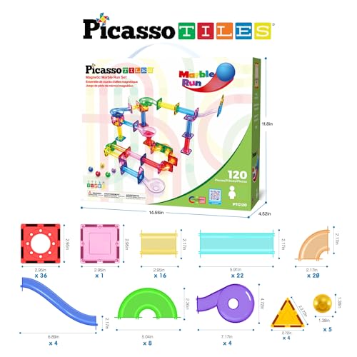 image for PicassoTiles 120pc Magnetic Tile Marble Run Set STEM Construction Toy 