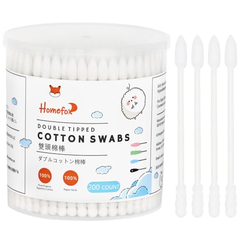 HOMEFOX White Cotton Swabs Spiral Pointed - 200 Count Organic Cotton Buds Double Side Tightly Wrapped Precision Cotton Tips Paper Stick Soft Gentle Lint-Free Cruelty-Free, Spiral & Pointy (White)