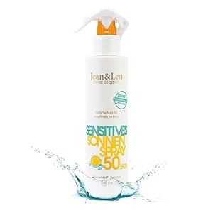 Jean & Len Sensitive Sun Spray 50 SPF resistente al agua, apto para pieles sensibles, sin siliconas, octocrileno, fragancias ni microplásticos, vegano, frasco pulverizador 250 ml