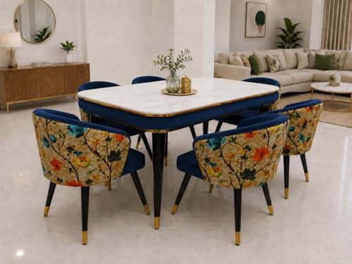 Image of WOODEN SPACE 6-Seater Wooden Dining Table Set | Nano Composite Marble Top | Solid Wood Base | Modern Dining Room Furniture with 6 Chairs (Navy Blue Printed)