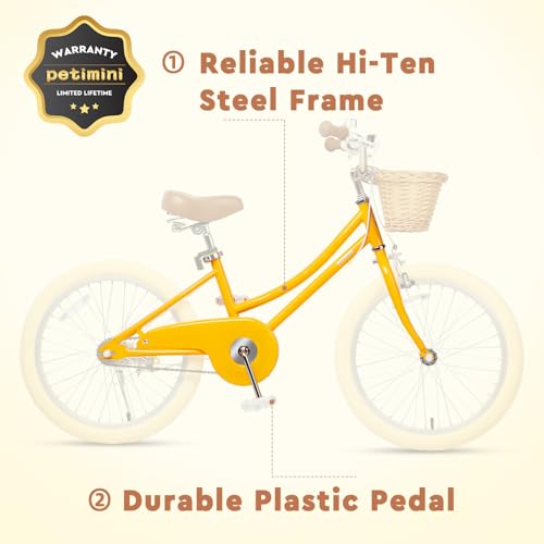 Image of Petimini Vintage Kids Bike for Girls, 12-20 Inch Classic Bicycle with Wicker Basket & Bell, High Tensile Steel Frame, Training Wheels (12-18 inch), 85% Pre-Assembled, Retro Bike for Outdoor Riding