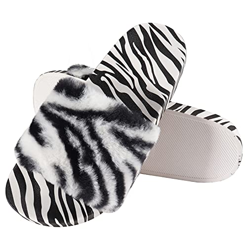 Magibag Womens Slides Faux Fur Zebra Slippers Open Toe Fuzzy Flat Sandals Indoor Outdoor (Zebra Print-Black White, Medium, 6.5)