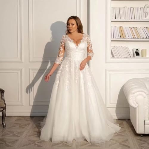Women’s A-line Plus Size Wedding Dress, Sheer Lace 3/4 Sleeves Wedding Dress for Brides3
