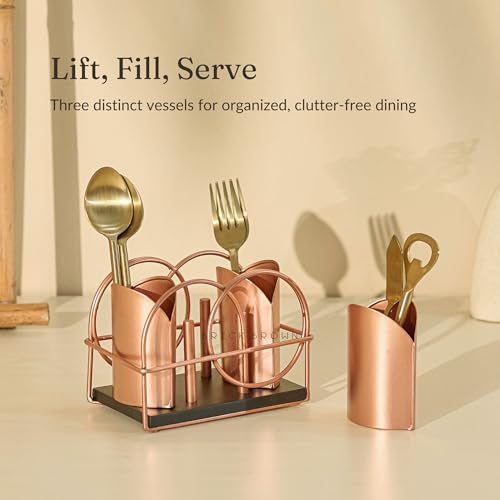 Image of Brick Brown Premium Metal Ferro Cutlery Holder | Spoon Stand for Kitchen & Dining Table | Handcrafted Cutlery Stand & Tabletop Cutlery Storage Box | Spoon Holder Caddy with 3 Section (6.5x4x5 inch)
