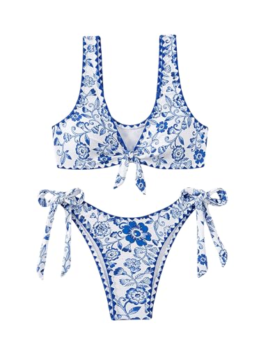 MakeMeChic Women's 2 Piece Bikini Sets Boho Floral Print Tie Front Knot Side Wireless Summer Swimsuit Bathing Suit