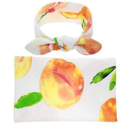 Image of inSowni Receiving Swaddle Blanket Wrap Orange Peach with Bow Headband Set for Unisex Newborns Infants Baby Girl Boy