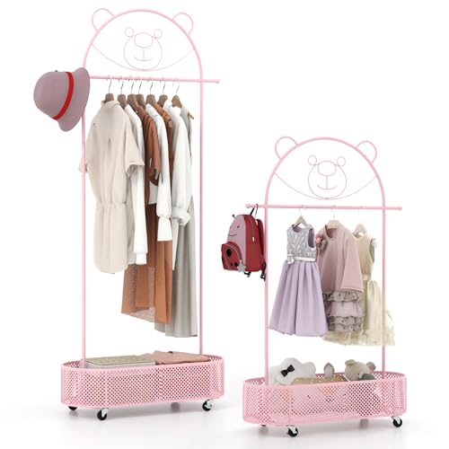 COSTWAY Perchero Infantil, Burro Ropa Altura Ajustable en 130/150/182 cm, Perchero Burro Ropa con Dibujo de Oso, 4 Ruedas Universales, Cesta de Almacenamiento lnferior para Niños y Adultos (Rosado)