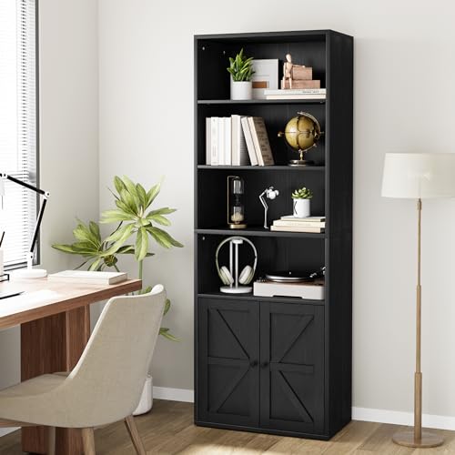 IDEALHOUSE Bookcase with Doors Industrial Bookshelf 11.8in Depth Display Storage Shelves 71.4in Tall Farmhouse Bookcases Wooden 6 Shelf Bookshelvels for Bedroom, Living Room, Home Office (Black)
