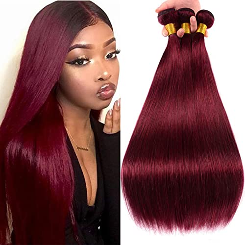 Burgundy Human Hair Bundles 10A Brazilian Straight Hair Bundles 100%Unprocessed Remy Hair 99j Human Hair 3 Bundles Straight Hair Extensions 10 12 14Inch