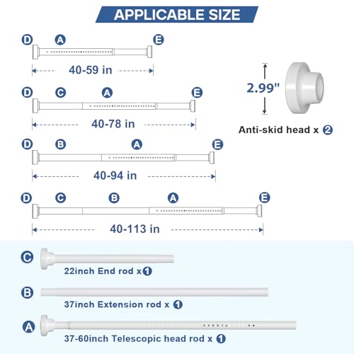 Image of Long Tension Curtain Rod 40-113inch White Shower Curtain Rods no Drilling Adjustable Tension Rod for Windows,Shower,Patio,Doorway,Heavy Duty Spring Rods Diameter 1.26inch