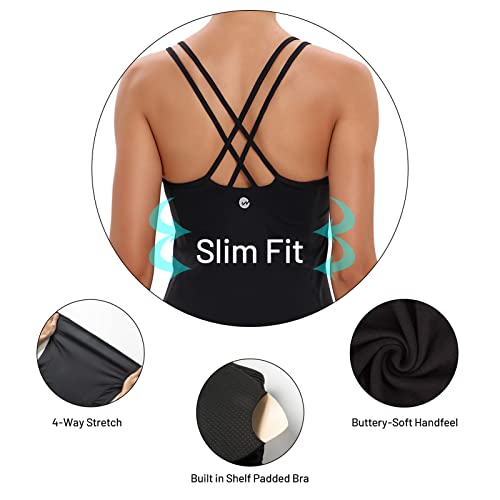 Mathacino Yoga Tank Tops For Women With Built In Bra Workout Tops Yoga Shirts Athletic Camisole Longline Sports Bra Tanks Black #TOP2