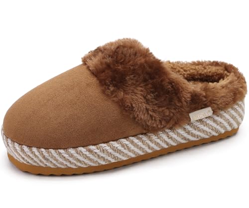 ONCAI Zapatillas Casa Mujer Pantuflas de Espuma de Yoga Calentitas Peludo Faux Fur Gamuza Sopporte del Arco del Pie Suela de Goma Antideslizante Invierno Interior/Exterior Khaki Talla 39