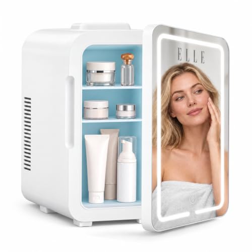 ELLE 8L Mini Cooler Fridge with LED Makeup Mirror for Skincare & Cosmetic Storage Cooler & Warmer Removable Shelf Carrying Handle AC DC Power Options Small Refrigerator for Bedroom Car Office White