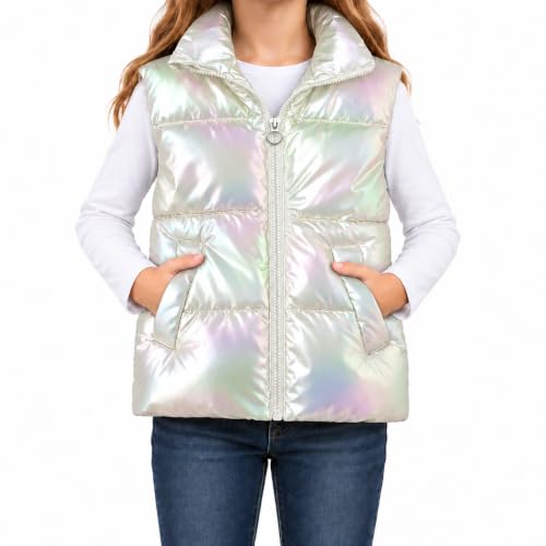 Girls Puffer Vest Stand Collar Zipper Iridescent Glossy Winter Kids Vest