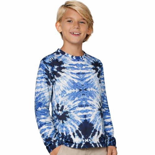 INGEAR Boys Swim Shirt UPF 50+ Rash Guard for Boys Long Sleeve Quick Dry Kids Sun Shirt, Lightweight Boys Rash Guard Swim Top Blue Tie Dye