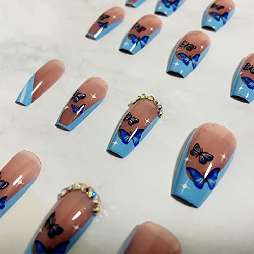 Tyuimhx Ballerina French Tip Press On Nails Medium Length, Square Blue Butterfly Design Fake Nails Nude With Rhinestones False Nails Full Cover Glue On Nails Acrylic Artificial Nails Stick On Nails 24Pcs thumb #4
