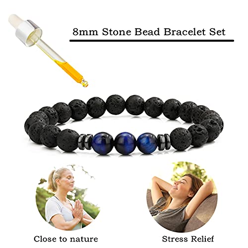 Mengpa Mens Beaded Bracelets Matte Lava Rock Volcanic Stone Beads For Women Stretch Bracelet (Tiger Eye-Blue) Us4543S #TOP2
