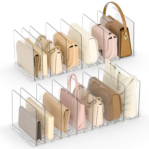 Bag Purse Organizer for Closet: Shelf Dividers Adjustable Acrylic Handbag Storage - Plastic Closet Organizers and Storage for Clutches - Keep Carteras & Pocketbook Upright 2-Pack