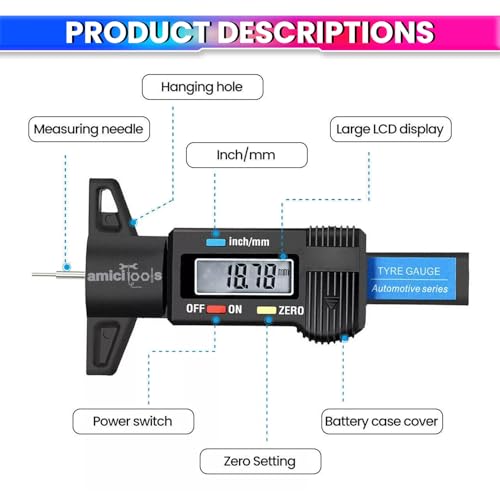Image of amiciTools Digital Tire Thread Depth Gauge with LCD Display, 0-25mm Accurate Measurement for Cars, Trucks, Motorcycles Wheel