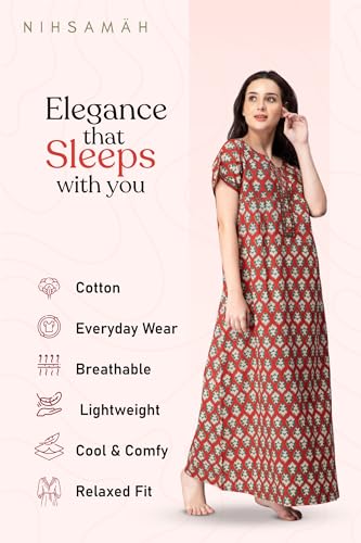 Image of NIHSAMAH Cotton Nighty for Women with Pocket, Premium Printed Long Nighty | Comfortable & Fancy Sleepwear /Nightwear