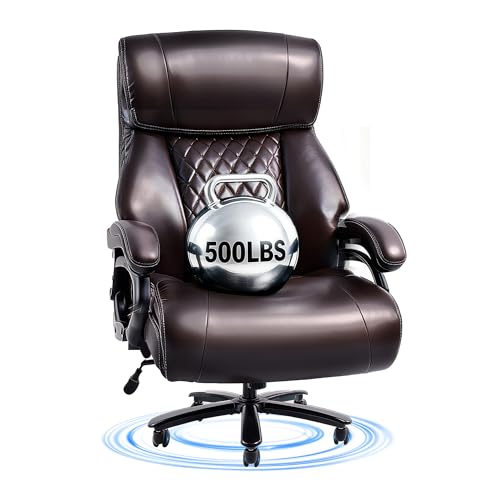 Image of FLEXISPOT 500lbs Big and Tall Office Chair for Heavy People, Heavy Duty Computer Chair with Stable Arms Adjustable Lumbar Support Metal Base, Desk Chairs for Home Office Gaming Working, Leather, Brown