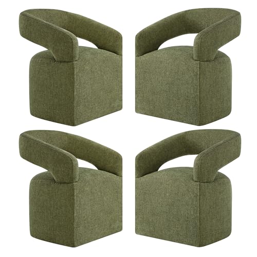 Image of KISLOT Upholstered Dining Chairs Set of 4, Modern Rolling Dining Chairs with Hidden Casters, Arm Kitchen Chairs with Linen Look Fabric, Padded Barrel Chairs for Dining Room, Kitchen, Bedroom, Green