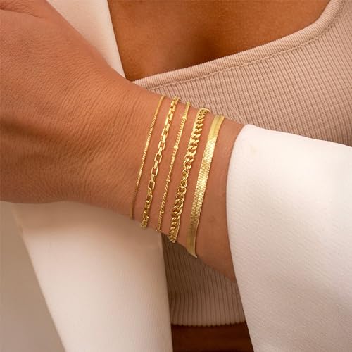Bracelet for Women - Dainty Stack Bracelets Trendy Adjustable 14K Gold Plated Thin Paperclip Bead Box Satellite Figaro Cuban Link Chain Bracelet Set for Women Waterproof Jewelry Gift