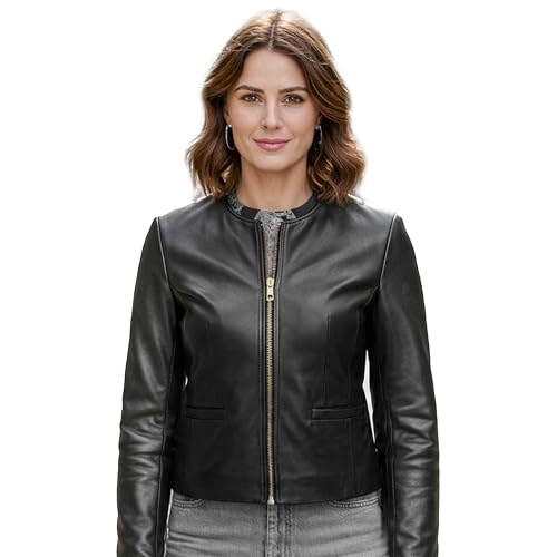 Leatherick Chaqueta corta de piel de cordero para mujer: diseño sin cuello, cierre de cremallera frontal y bolsillos funcionales (negra) (FR/ES, Letras, M, Regular, Regular)