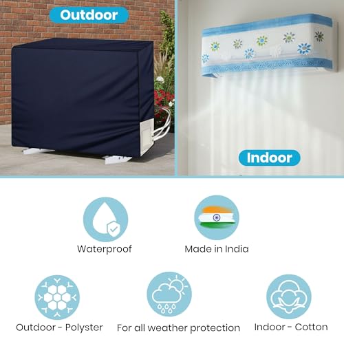 Image of Printed AC Cover for Split AC 2 Ton Set - Digital Print AC Cover Indoor Outdoor Waterproof - Split AC Cover Cotton Net Designer (Blue)