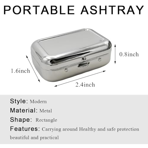 Image of Mini Portable Ashtrays, Metal Pocket Dustproof Car Ash Tray with Lid, Compact Square Windproof Car Cigar Ashtrays, Decorative Cigarette Snuffers Ashtray for Car Home Office (Silver)