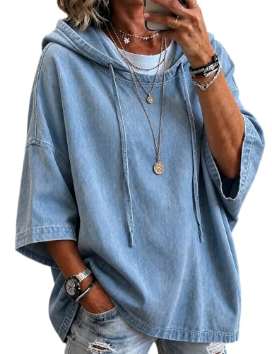 Denim Hoodie Women 3/4 Batwing Sleeve Long Jean Pullover Swearshirt LBXL
