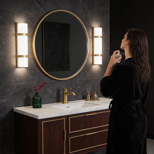 Image of Modern Bathroom Wall sconces Set of 2 - 16 Inch Bathroom Wall Light Fixture, LED Gold Wall Sconce with Artisanal White Frosted Glass, 4000K Warm Lighting for Hallway Bedroom Living Room