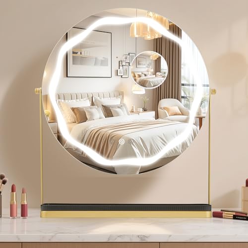 GAOMON Vanity Mirror with Lights, LED Desktop Bulb Mirror with 10X Magnification, Dual Touch Button Switch and Even LED Light Ring, Sturdy Iron Frame and MDF Backboard.