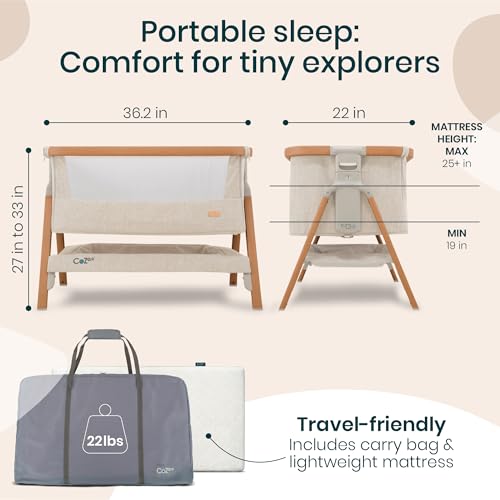 Tutti Bambini CoZee® 2-in-1 Baby Bassinet & Bedside Sleeper - Fast-Folding Bedside Bassinet, Baby Crib with 6 Mattress Heights & Breathable Mesh Window, Mattress Included, 0-6 Months (Walnut & Ecru)
