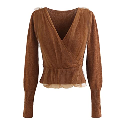 CHICWISH Women's Comfy Casual Caramel Mesh Overlay Long Sleeve Wrap Crop Knit Top
