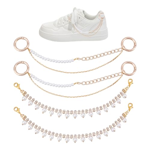 UNICRAFTALE 4 pièce 2 style Chaînes de Chaussures en Perles Doré Superposées Breloque de Lacets Chaînes de Baskets Métal Chaîne de Bottes à Pompon avec...
