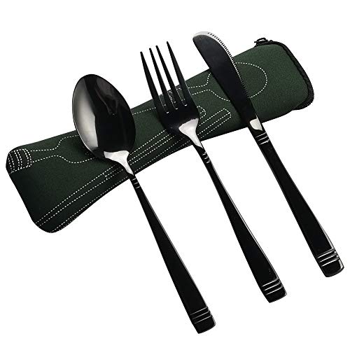 Qshape 3 Pieces Cubertería Camping Picnic con Funda Trabajo Viaje Acero Inoxidable con Una Bolsa Verde Oscuro, Apto para 1 Persona Cover