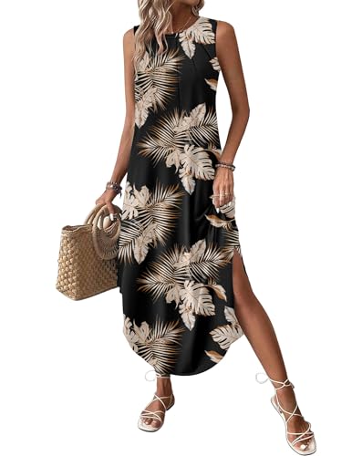Image of Zeagoo Women Floral Summer Casual Beach Printed Tank Dress with Pockets Pleated Front Long Dress