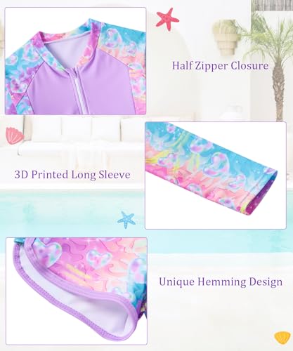 Vogseek Girls Swimsuits 5-9 Years 2 Piece Zip Rashguard Sets Long Sleeve Bathing Suit3