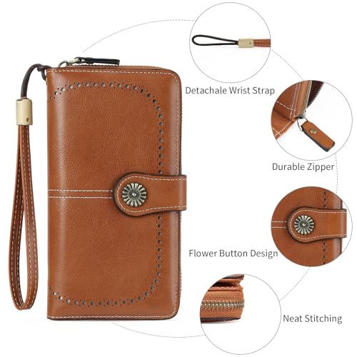 Image of Wristlet Wallets for Women Leather Credit Card Holder Bifold Brown | RFID Blocking, Large Capacity, Ladies Phone Clutch Purse with Zippered Coin Pocket
