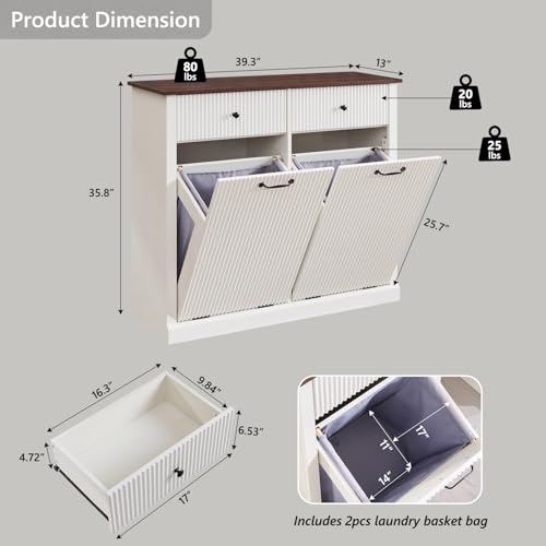 Image of IFBUY Double Tilt Out Laundry Hamper Cabinet, Modern Trash Cabinet, White