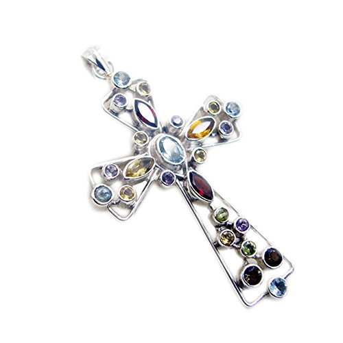 Naturel Multi 925 Argent Charms Croix Pendentif Collier Chakra Femme