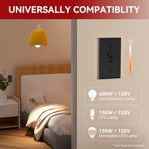 Image of AIDA Toggle Slide Dimmer Switch for Dimmable LED Light /CFL /Incandescent 600 Watt max, Single-Pole or 3-Way, Rocker On /Off Wall Switch with Dimmer Slider, Wall Plate NOT Included, UL, Black, 1 Pack