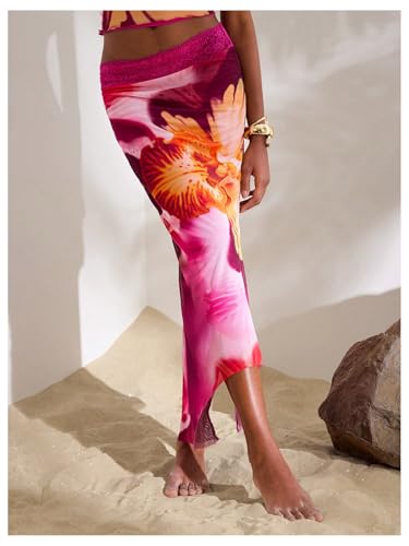 Milumia Women's Boho Floral Mesh Skirts Low Waisted Asymmetrical Hem Maxi Skirts4