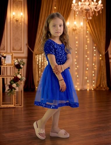 Image of Charming Girls' Kids Velvet & Net Frock with Knee-Length Short Sleeve A-line Round Neck Fit and Flare and Back Zipper Closure|Kids Dress for Baby Girls Birthday Outfit