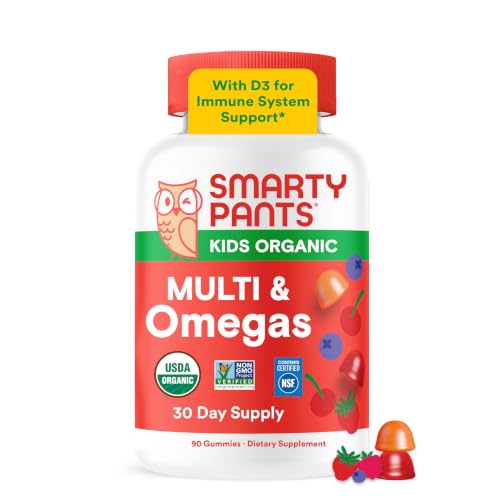 SmartyPants Organic Kids Multivitamin Gummies: Omega 3 (ALA), Beta Carotene, Vitamin B12, B6, A, K & Zinc for Immune Support, Biotin, Vegetarian, Three Fruit Flavors, 120 Count (30 Day Supply)