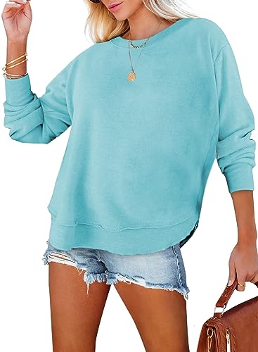 EVALESS Oversized Sweatshirt for Women 2025 Fall Trendy Ladies Lightweight Comfort Colors Crewneck Sweatshirts Casual Long Sleeve Side Split Tunic Tops Womens Fashion Sky Blue X-Large